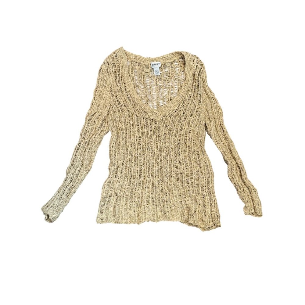 Chicos Open-Stitch Knit Sweater Womens Size 0 Beige Lightweight Casual Long Slee